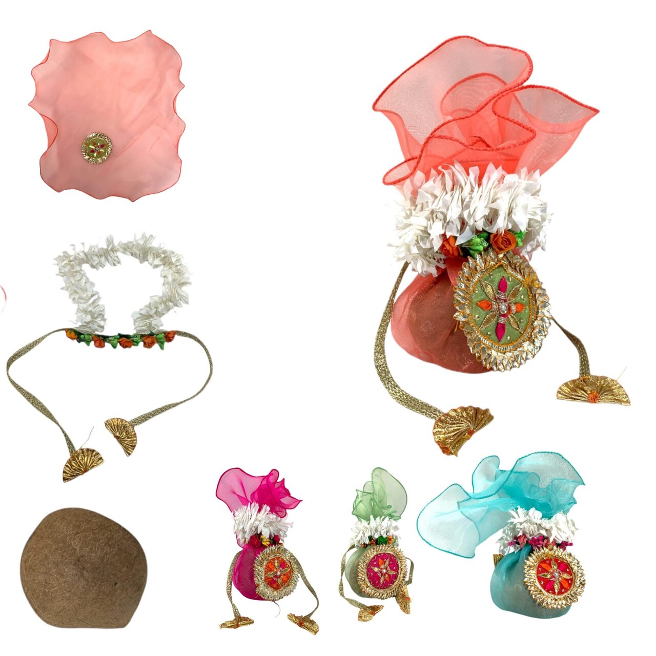 Decorative Dried Coconut Cover Traditional Nariyal Fabric Cloth with Golden Ribbon for Ganesh Pooja, Wedding, Gruh Pravesh Temple Pooja Decor Housewarming Gift